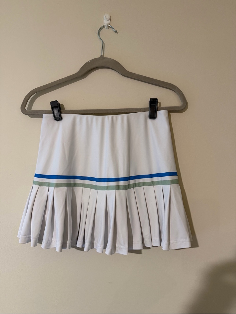 Smith & Quinn White Pleated Mini Skirt with Blue and Green Stripe Detail
